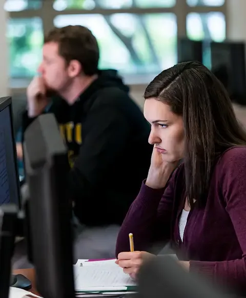 Students working on computers, focused and engaged in their tasks.